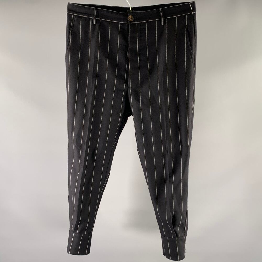 VIVIENNE WESTWOOD Size 34 Black Chalkstripe Wool Strap Cuff Dress Pants
